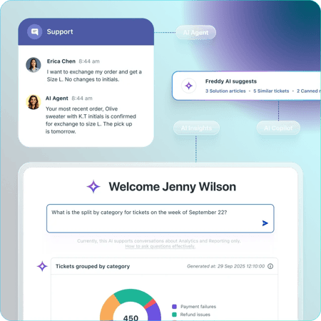 customer service software for enterprises freshdesk mobile chat showing customer support assisting with order updates and adding a gift note.